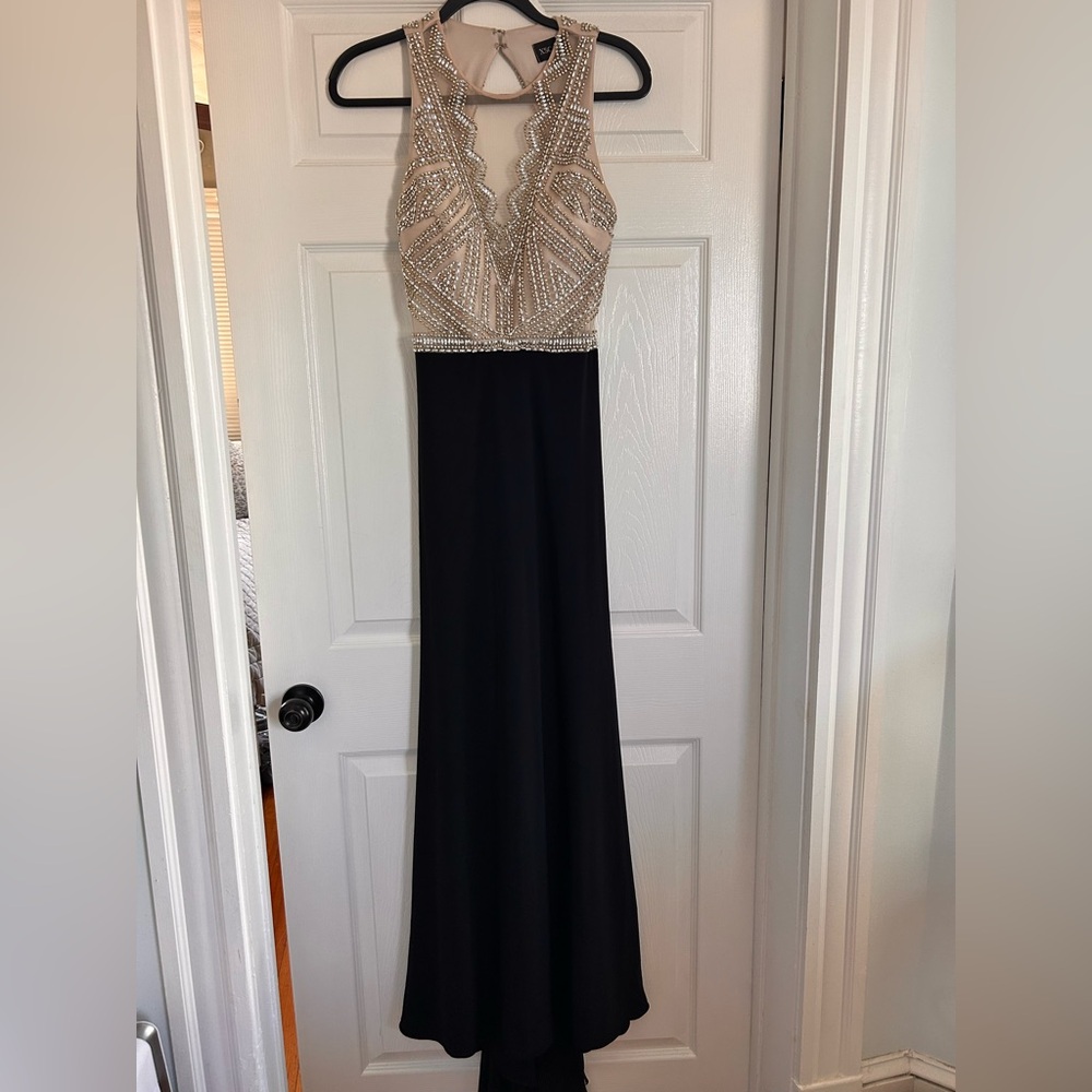 Xscape Tan Sequin Halter Gown for Prom, Wedding Guest Dress or Formal Event
